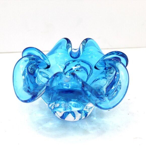 MCM Art Glass Blue Hand Blown Curly Wavy Top Bowl/Votive Candle Holder 3 1/2"t - Picture 1 of 5